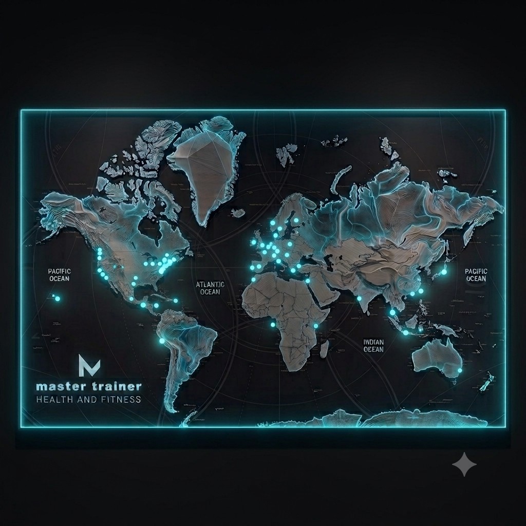 World map showing locations of virtual training clients across the U.S., Europe, Asia, Africa, and Australia